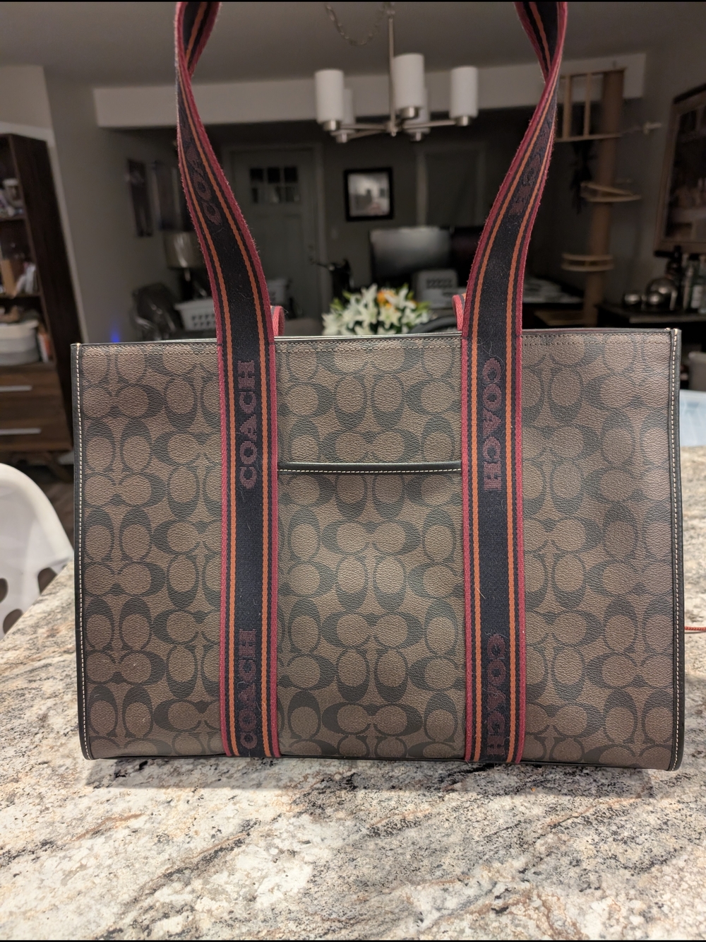 Coach Signature Canvas Large Tote in Brown with Maroon-Trim Straps